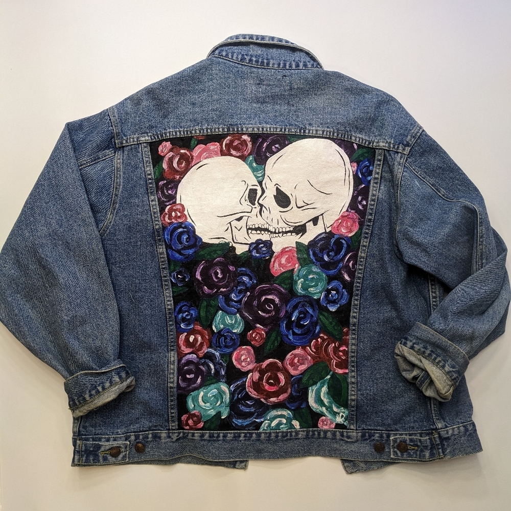 Custom painted skull flowers Jean Jacket